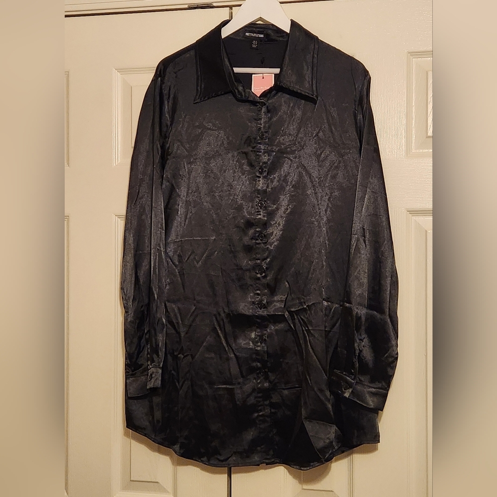 Pretty Little Thing Satin Like Women's Black Long Button Up Shirt/Dress Size 10